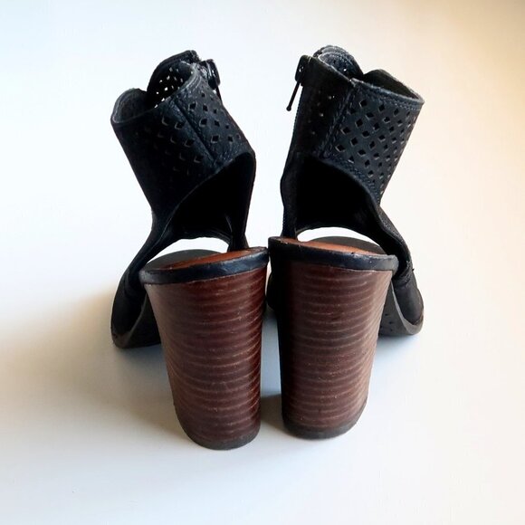 Lucky Brand Black Nubuck Perforated Leather Block Heel Open Toe Bootie Shoes 7.5 - Picture 6 of 16